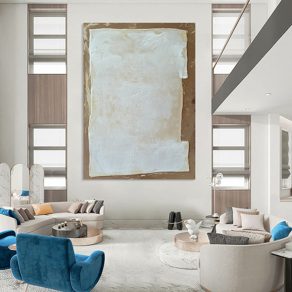 Contemporary abstract painting featuring white rectangular foam against a brown background inspired by Zdzisław Beksiński and Agnes Martin. DLZ1748