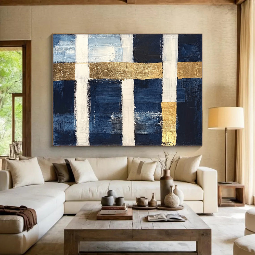 Navy, White, Gold, Horizontal Stripes "Gilded Nautical Horizons" Abstract Minimalist Painting On Canvas HB154