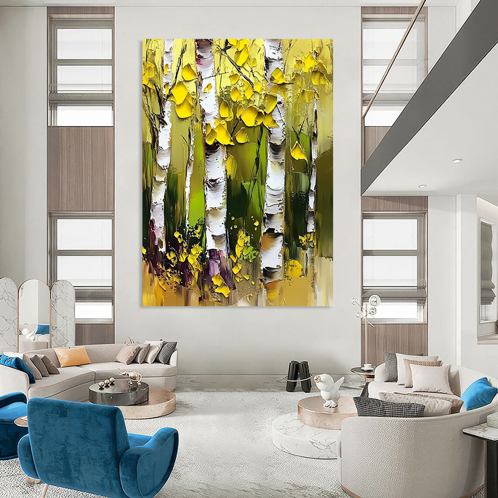 Contemporary abstract artwork featuring vibrant birch trees with thick brushstrokes, palette knife technique, and bright yellow and green foliage against striking white bark. DLZ1105