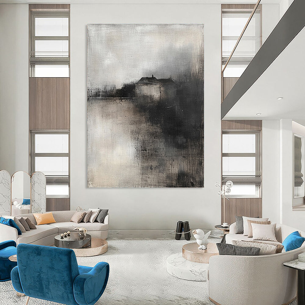 Contemporary abstract painting featuring a soft misty landscape with neutral tones and a small village on the horizon. DLZ0389