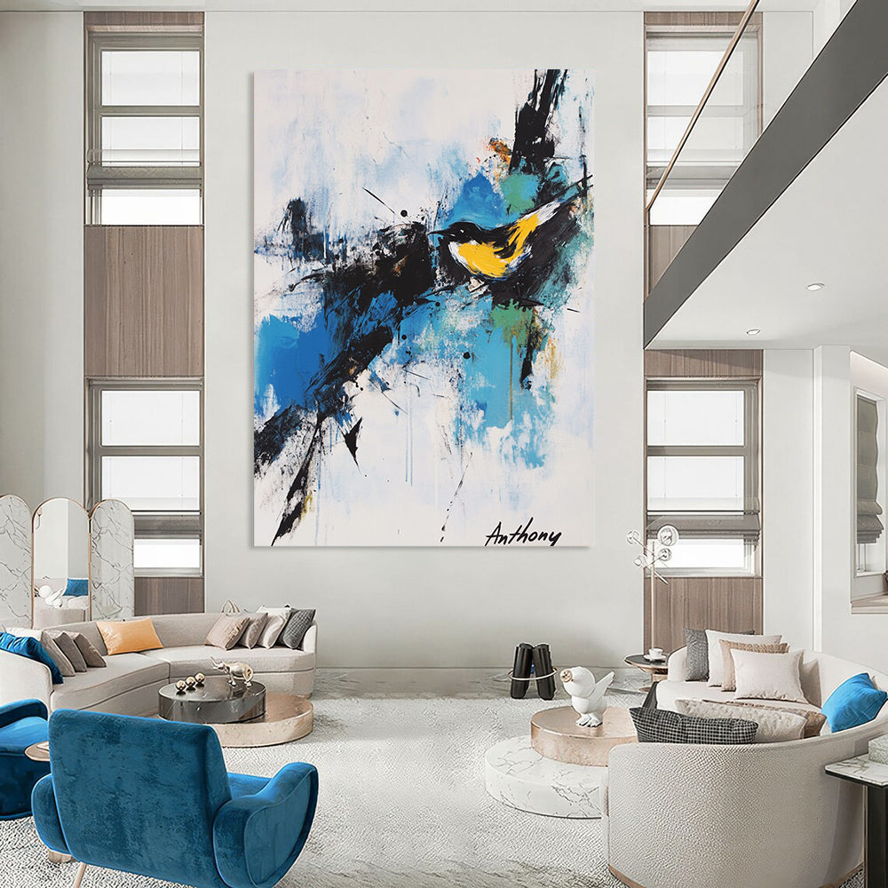 Contemporary hand-painted abstract artwork featuring expressive calligraphy and vibrant splashes of color including a yellow bird against a white background. DLZ0358