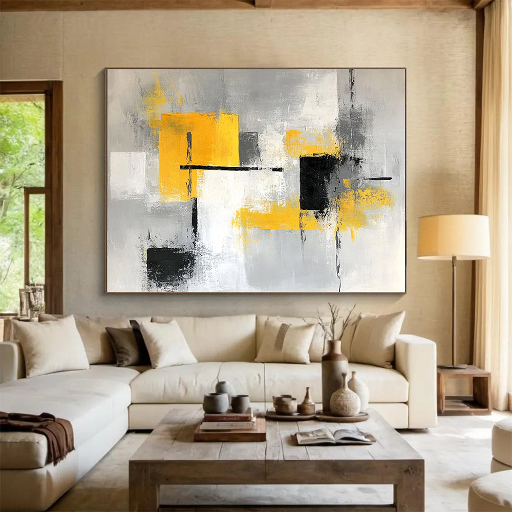 “Gray and Yellow Geometric Abstract” - Gray, Yellow, Geometric Shapes Painting On Canvas HB0887