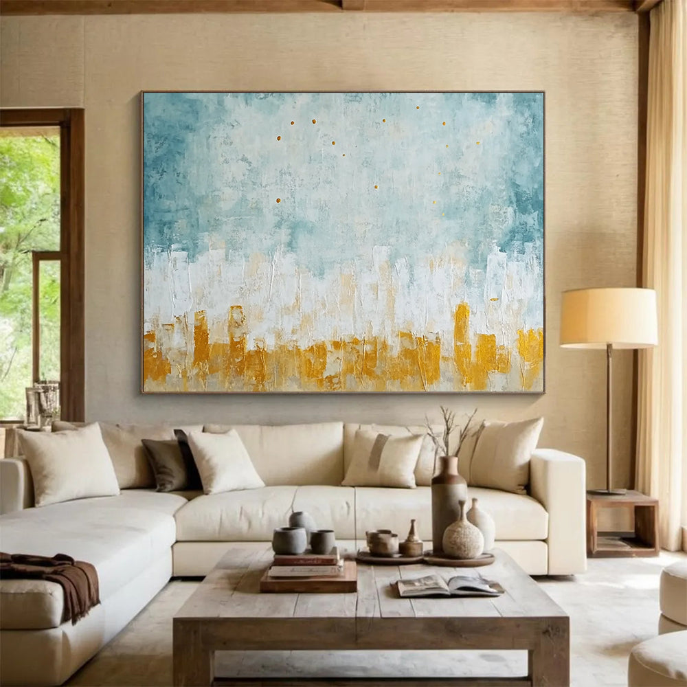 “Blue - Gray Cityscape with Gold Dots” - Blue, Gray, Gold, Abstract Cityscape Painting On Canvas HB1092