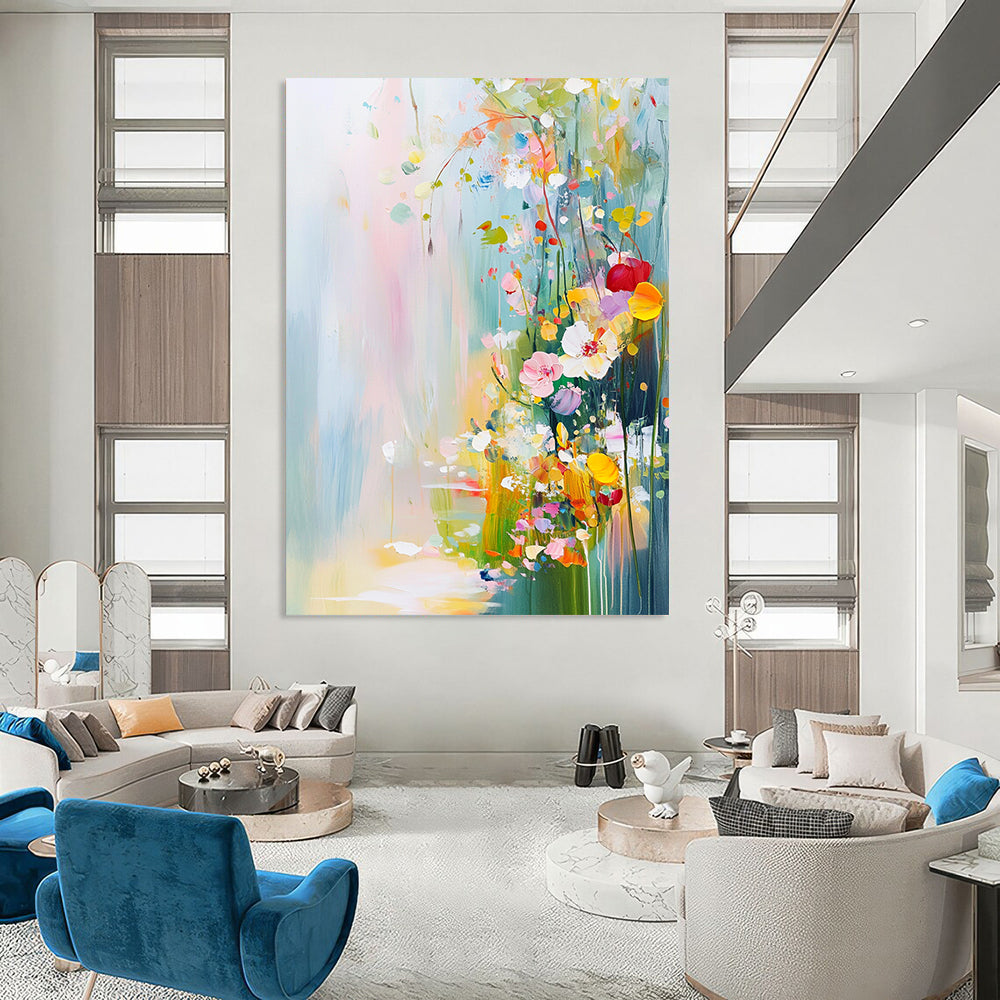 Contemporary abstract painting featuring vibrant flowers and plants in pastel colors with soft brushstrokes creating a tranquil springtime landscape. DLZ0413