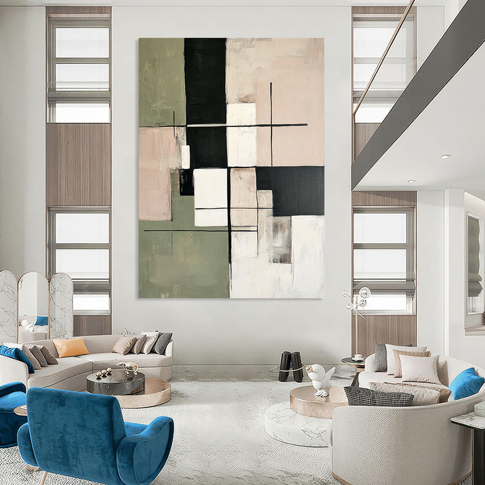 Large contemporary hand-painted abstract artwork featuring soft sage green beige and white tones with geometric shapes and a minimalist black grid pattern. DLZ1060