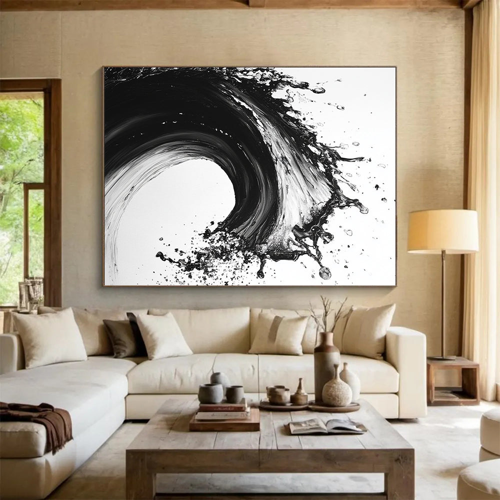 Black and White Explosive Wave "Wild Surge" Painting On Canvas HB286
