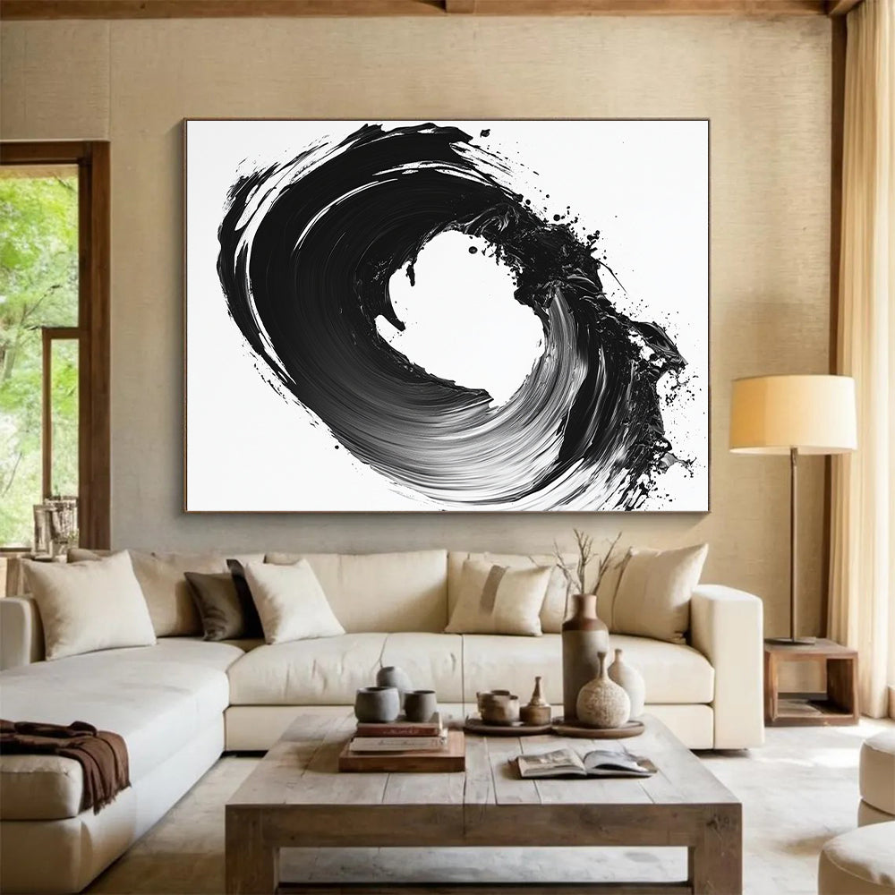 Black & White Circular Ink Brushstroke - “Infinite Ink Loop” Painting On Canvas HB230
