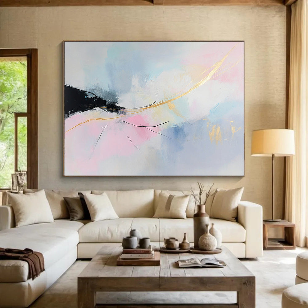 “Pastel Abstract Dream” - Pink, Blue, Gold, Soft Abstract Shapes Painting On Canvas HB0955