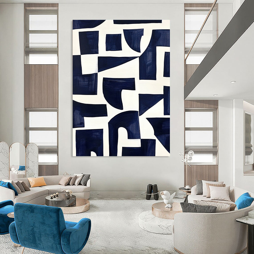 Contemporary hand-painted abstract art features navy blue shapes on a white background inspired by Matisse's cutouts with dark indigo and off-white accents. DLZ1430