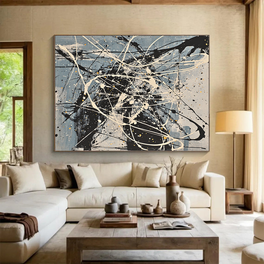 Gray, Black, White, Yellow, Splattered Cords "Dynamic Network" Abstract Expressionist Painting On Canvas HB066