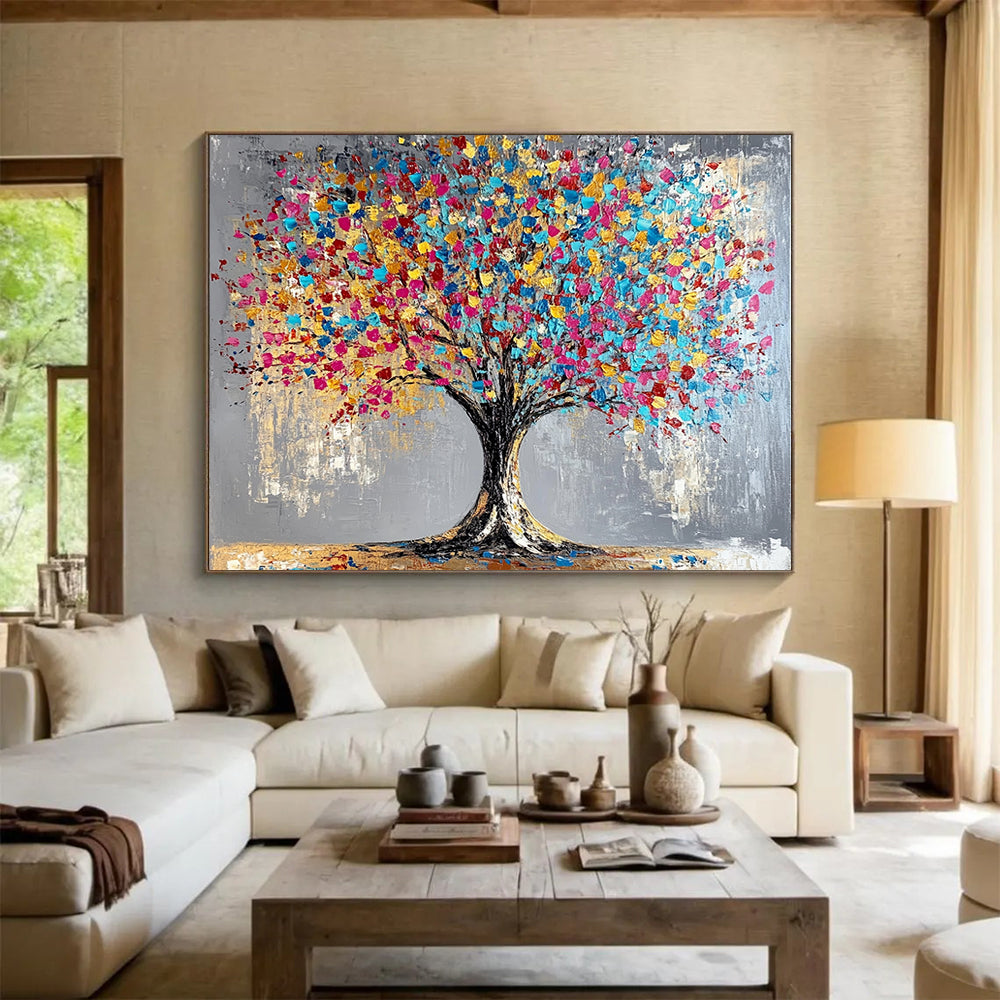 “Rainbow Leaf Tree” - Gray background, vibrant leaves, textured trunk, Abstract Tree Painting On Canvas HB0591