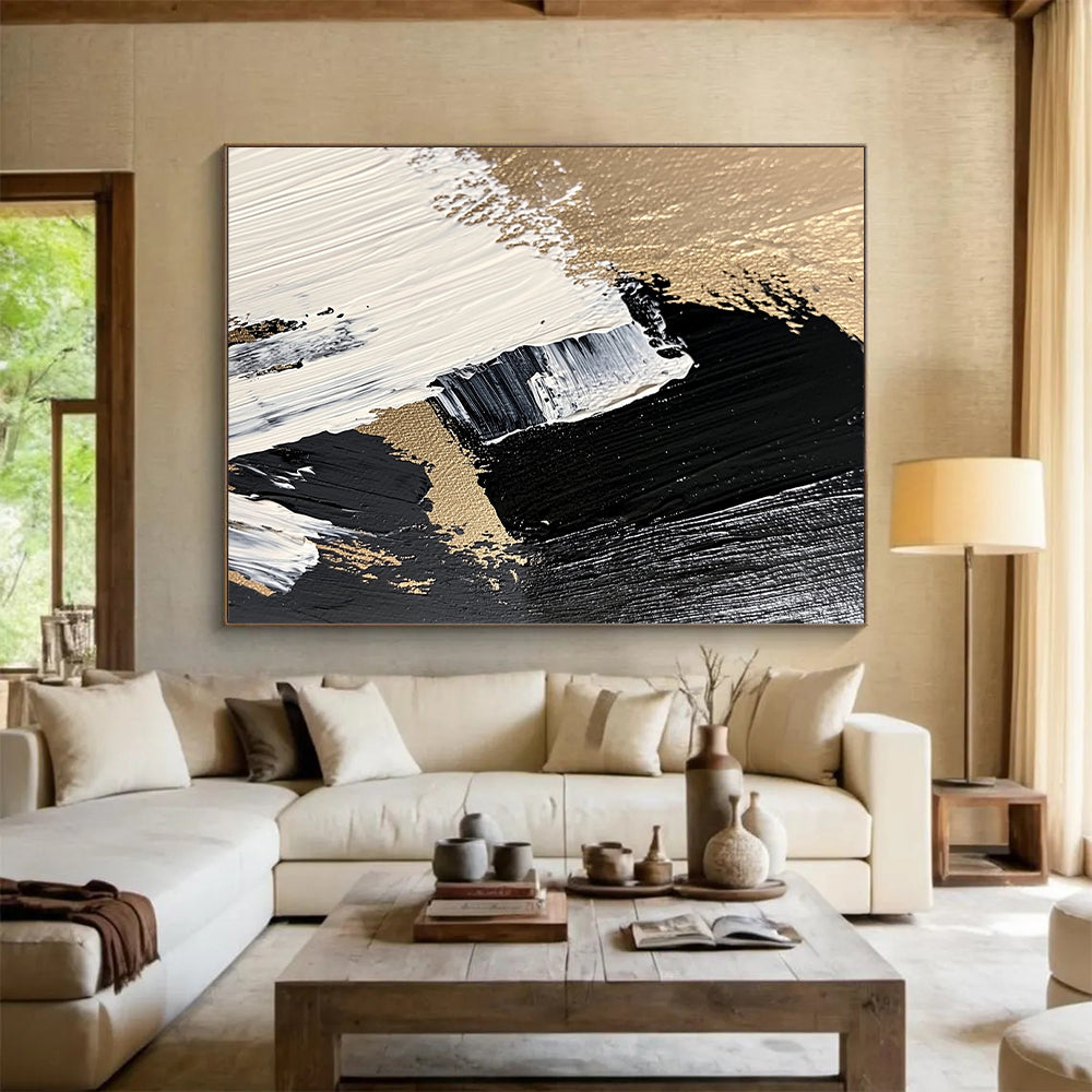 Black, White, Gold, Brush Strokes "Gilded Impasto Energy" Abstract Expressionist Painting On Canvas HB167