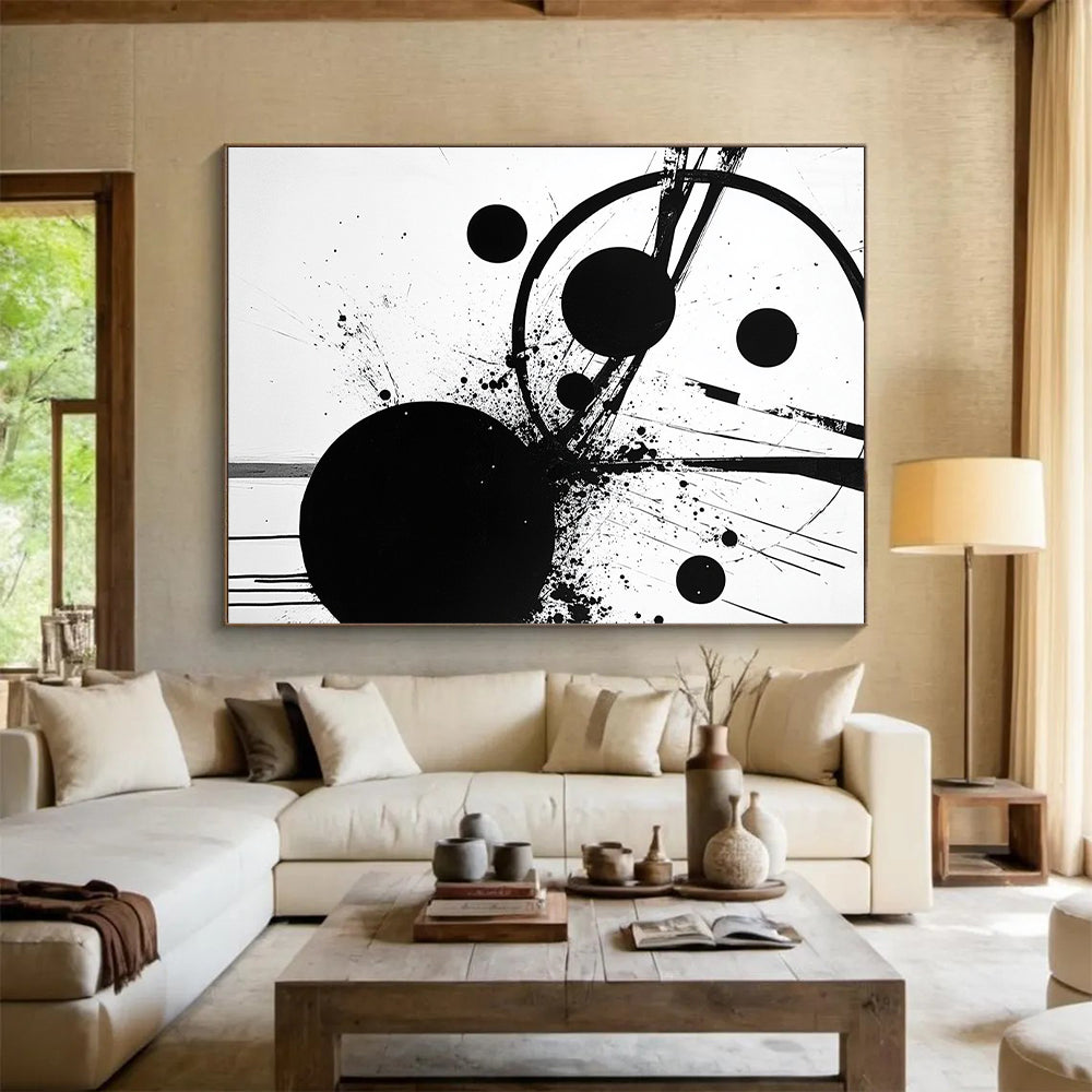 Black Circle, Dots & Lines - “Structured Ink Chaos” Painting On Canvas HB237