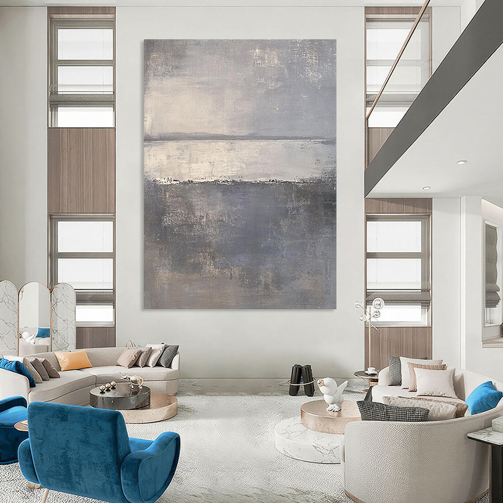Large contemporary hand-painted abstract art featuring soft gray and white hues with tranquil sea elements creating a serene and calming atmosphere. DLZ0281