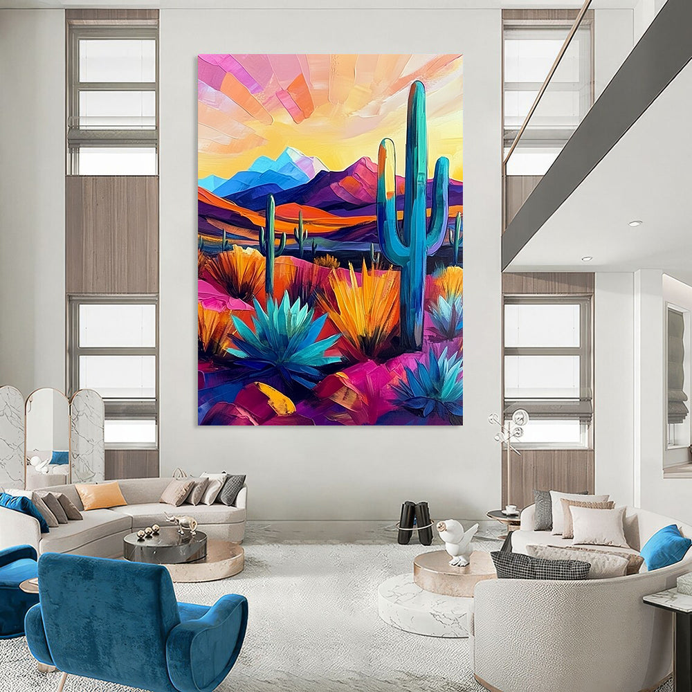 Vibrant modern abstract painting showcasing the Arizona desert with cacti and mountains in bold pink, blue, purple, yellow, and orange hues. DLZ1124