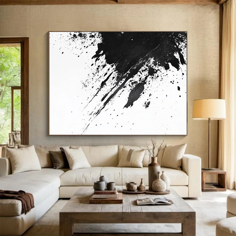 Black and White Energetic Splatter "Dynamic Impact" Painting On Canvas HB300