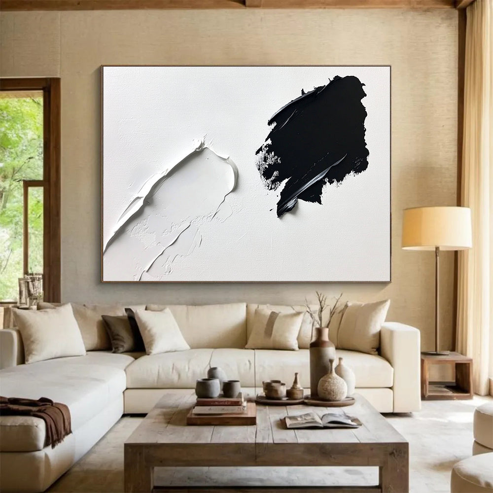 “Textured Black and White” - Black, White, Thick Textured Brushstrokes Painting On Canvas HB0960