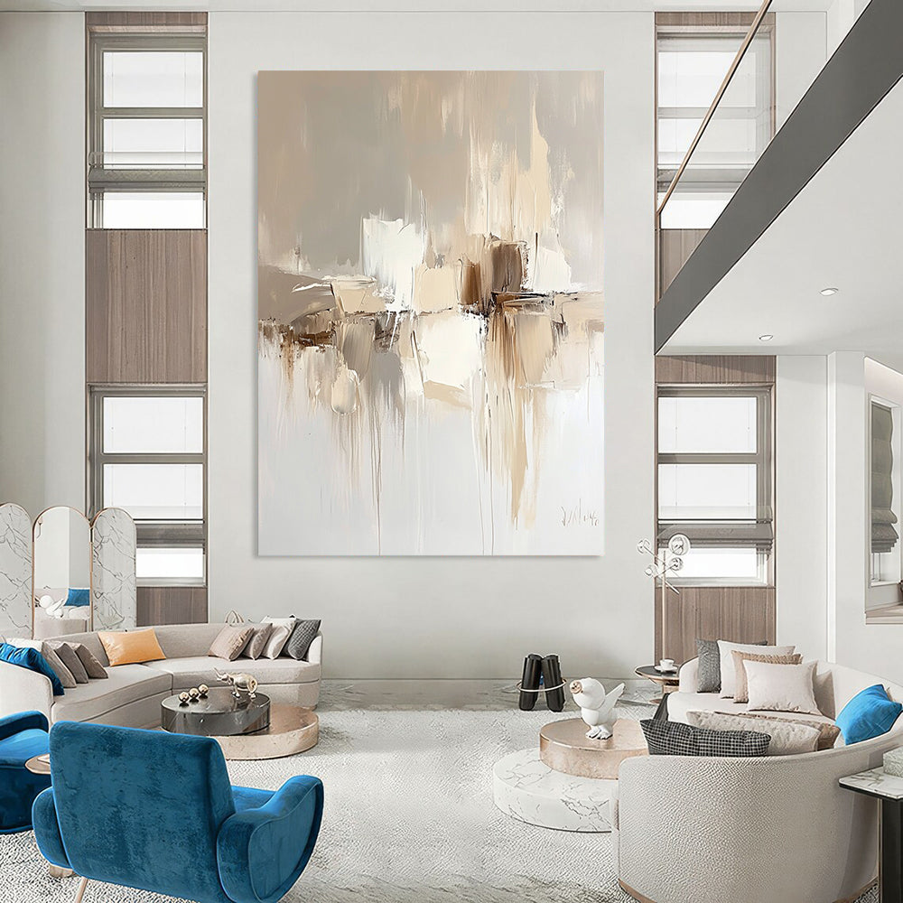 Contemporary hand-painted abstract artwork in soft neutral tones featuring a beige background and elegant fluid shapes that enhance modern interiors. DLZ0287