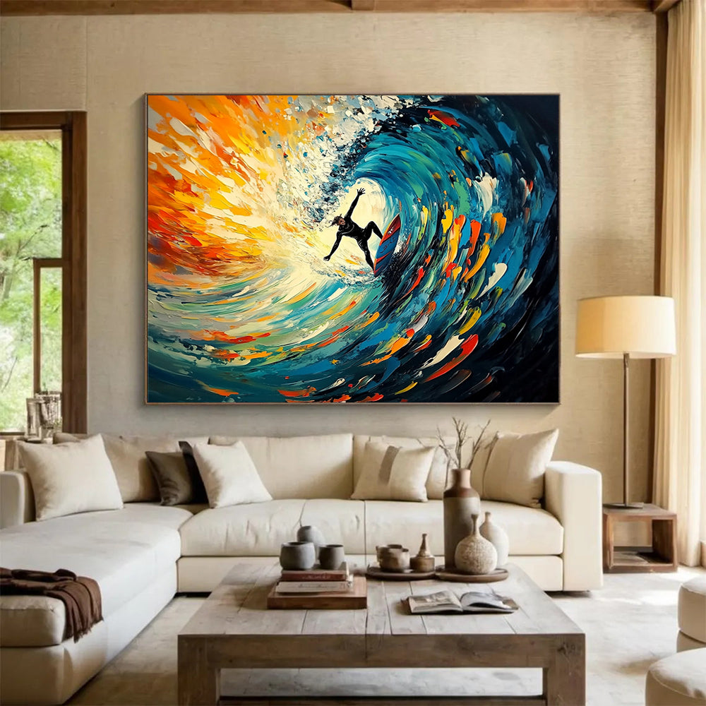 “Surfing The Color Wave” - Blue, Orange, Surfing Oil Painting On Canvas HB0722