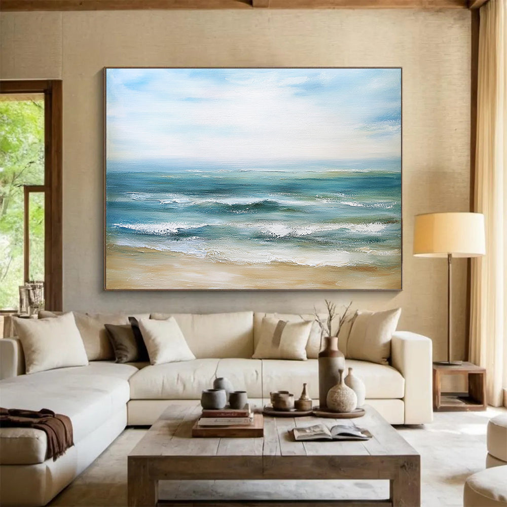 “Calm Sea Beach” - Blue, Green, Sea, Beach Painting On Canvas HB0754
