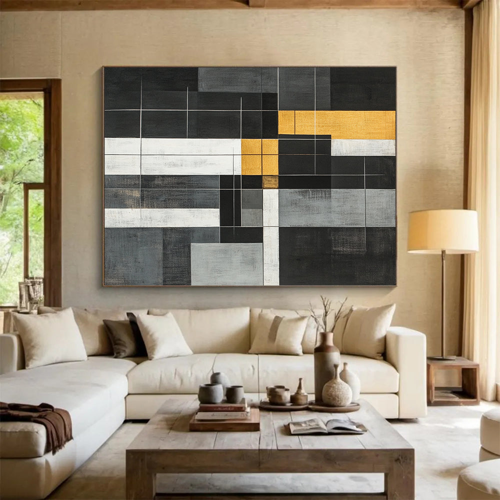 Black, White, Gold, Gray, Geometric Grid "Gilded Geometric Web" Abstract Neo - Plasticist Painting On Canvas HB163