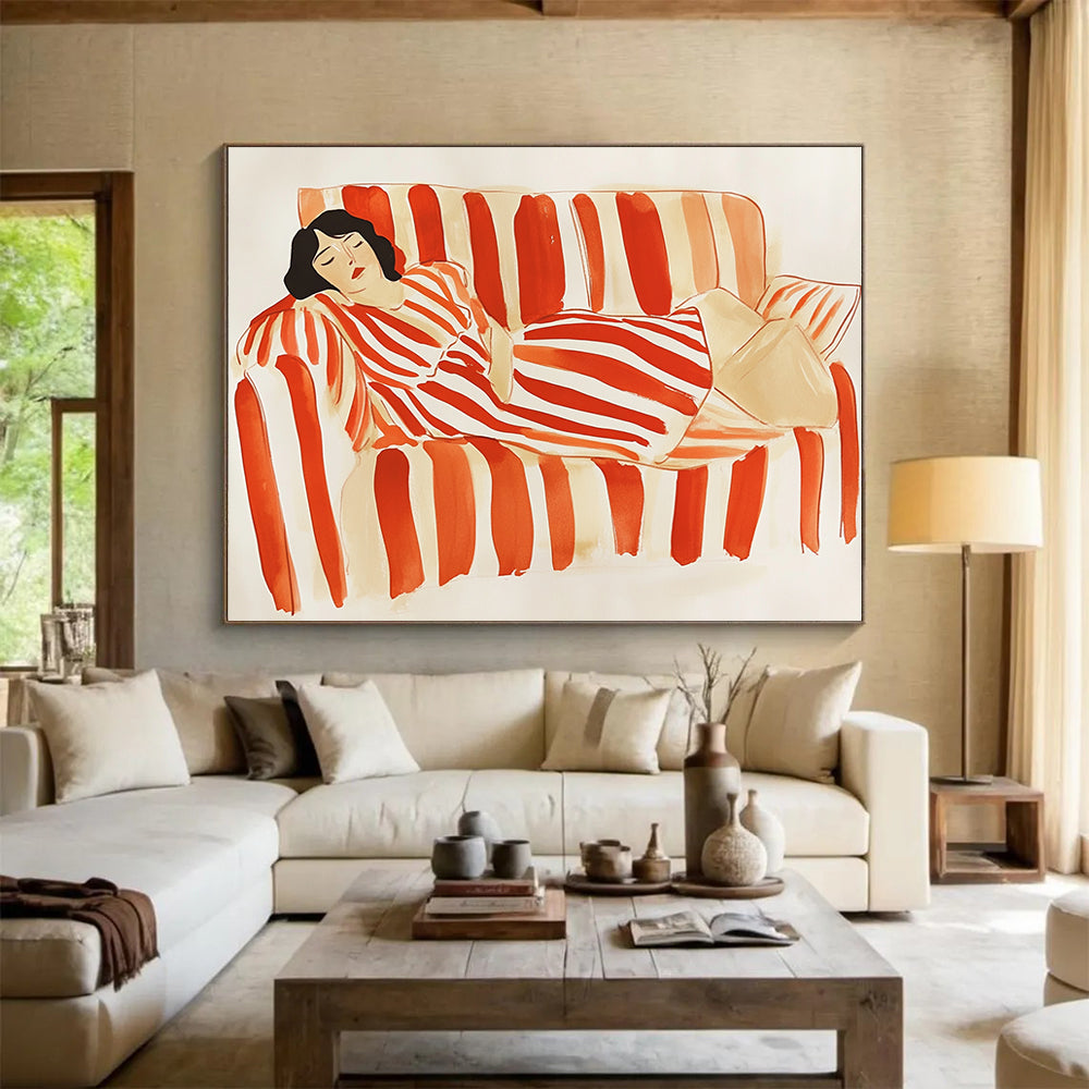 “Woman Resting on Striped Sofa” - Red, White, Figurative, Lifestyle Painting On Canvas HB0778