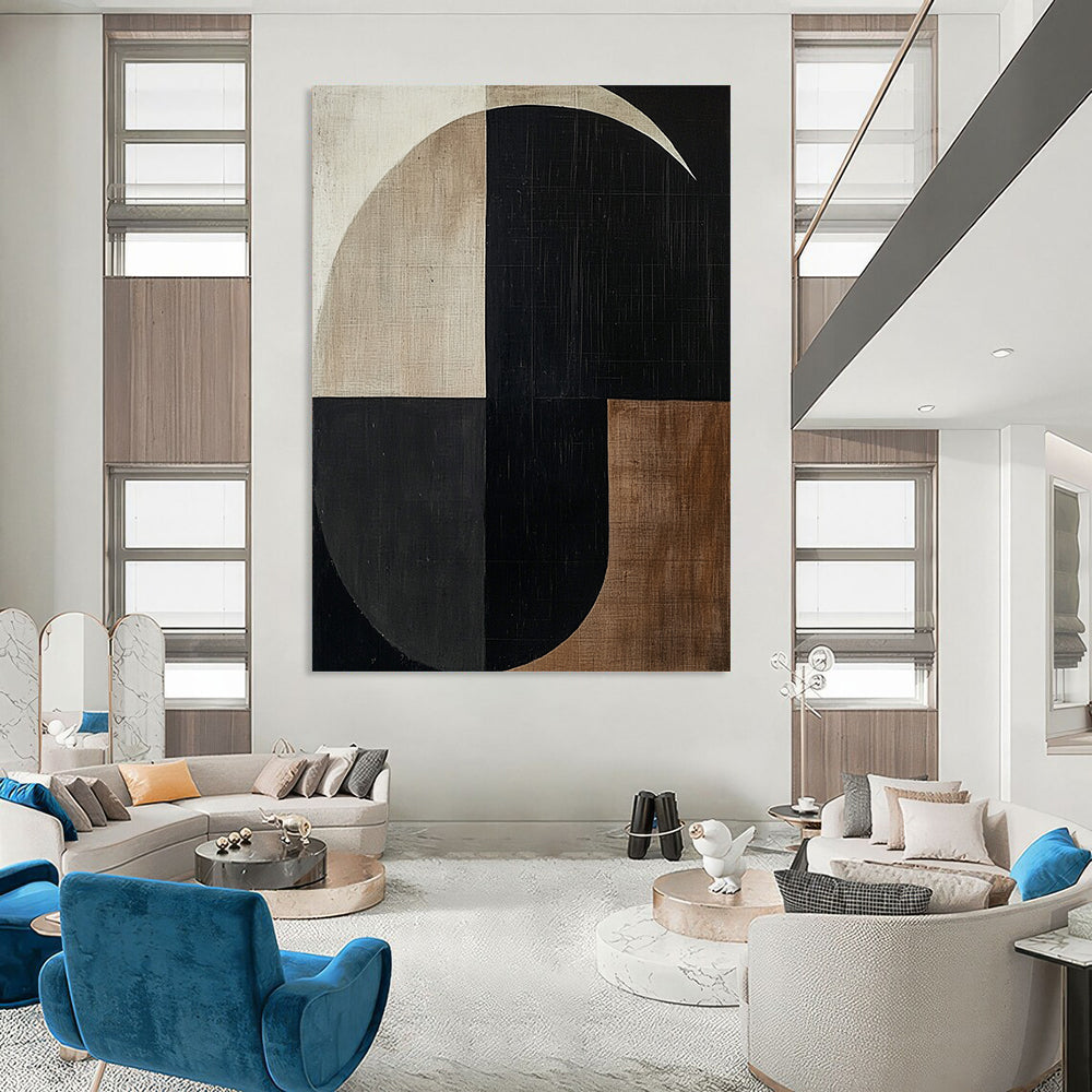 Contemporary hand-painted abstract artwork featuring minimalist black and white shapes with beige and brown tones creating a balanced geometric composition. DLZ1308