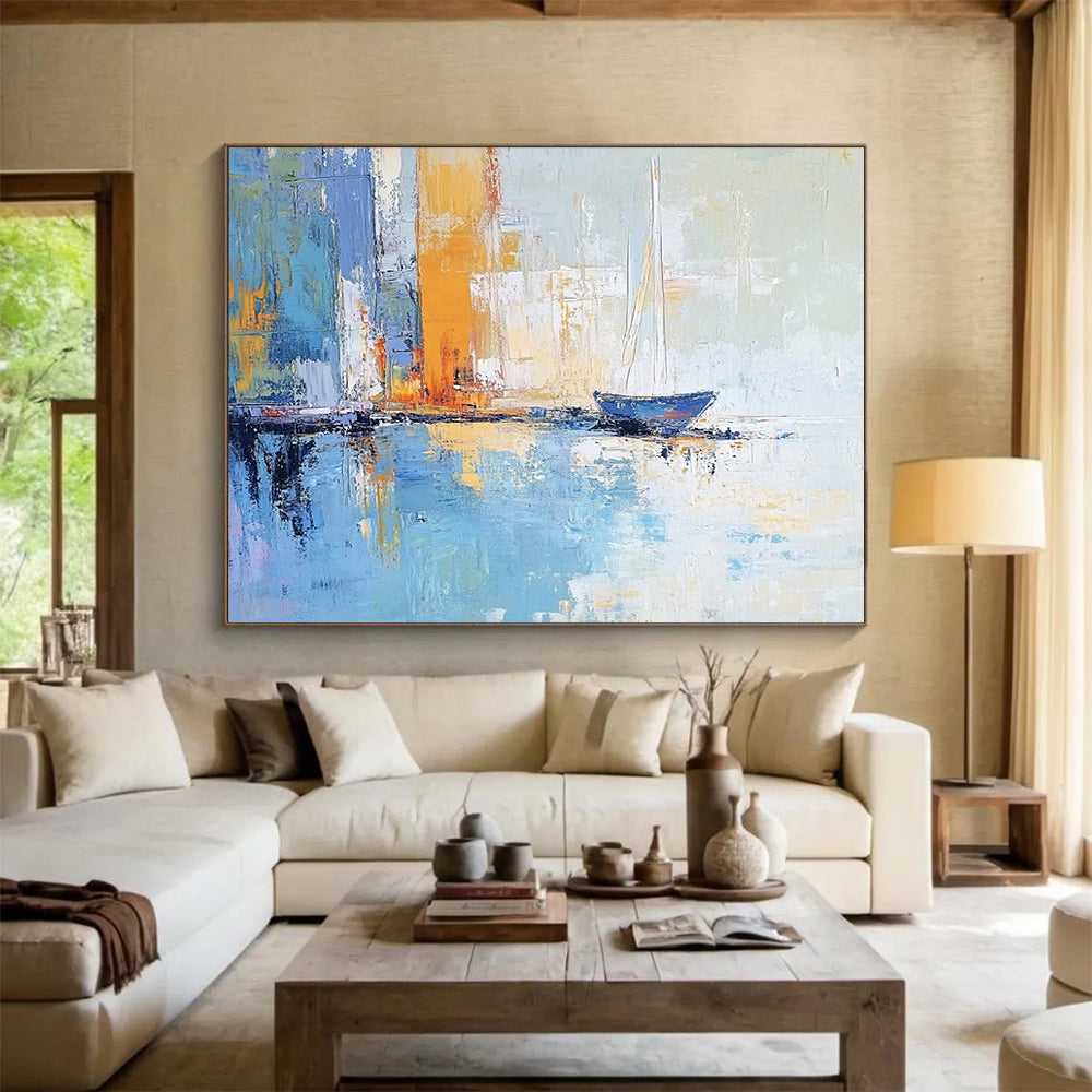 “Harbor Serenity” - Blues, oranges, yellows; Sailboat by abstract city harbor; Impasto Oil Painting On Canvas HB1176