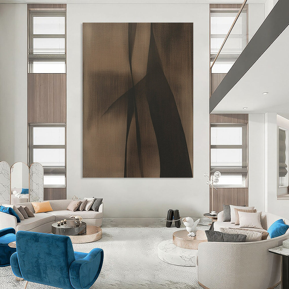 Large contemporary hand-painted abstract artwork with brown and black tones featuring minimalist shapes that evoke a powerful sense of mystery against a dark grey background. DLZ1186