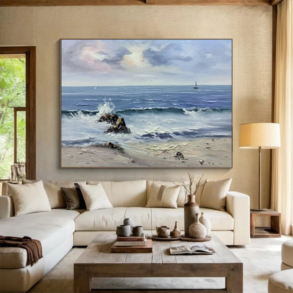 Coastal Wave & Sailboat Oil Painting - Serene Living Room or Office Art DLZ190