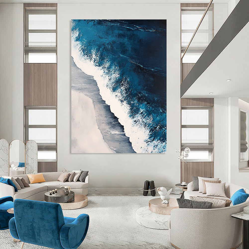 Contemporary abstract painting featuring oceanic waves in surreal blues and whites with textured details capturing nature's beauty in a hyper-realistic style. DLZ0846