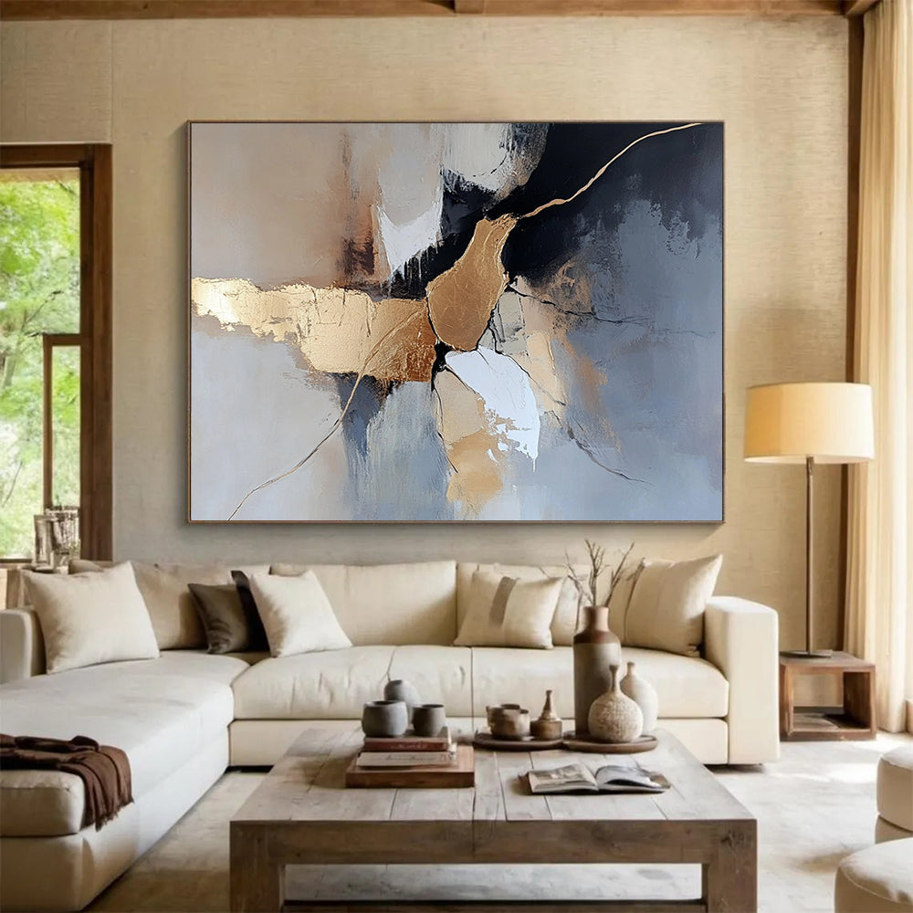 “Gold - Accented Abstract Forms” - Gold, Gray, White, Abstract Forms Painting On Canvas HB0995