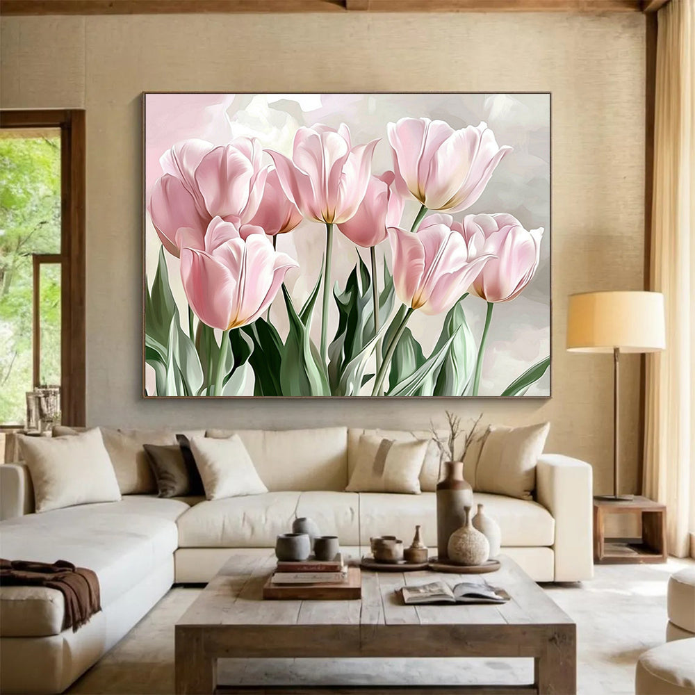 “Soft Pink Tulips” - Pale Pinks, Greens, Realistic Tulip Bouquet - Digital Painting HB1729