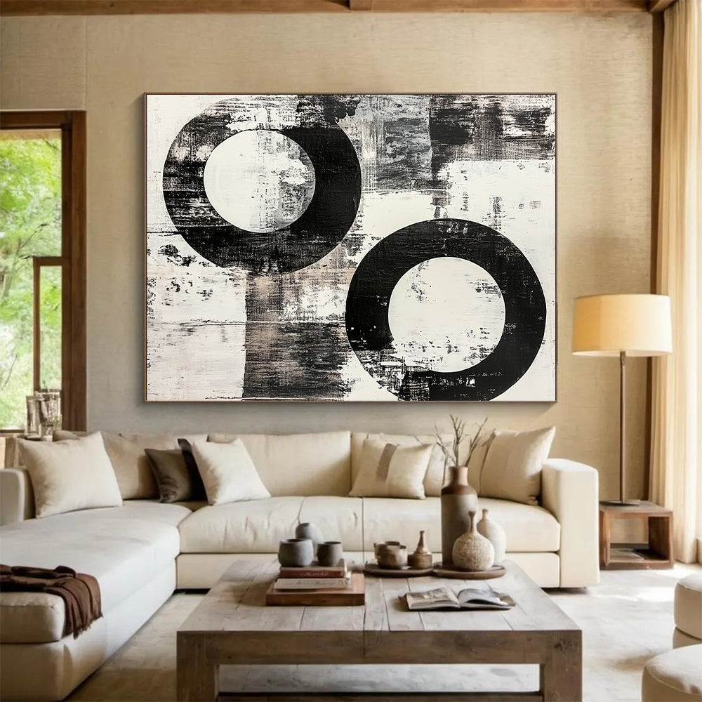 Black and White Textured Circles "Rough Harmony" Painting On Canvas HB258