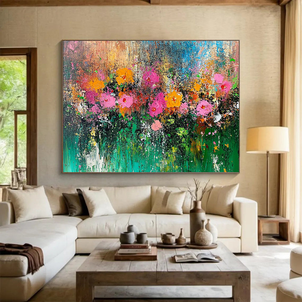 “Wildflower Symphony” - Pink, orange, yellow, green; Thick, textured blooms in a vibrant field; Impasto Floral Oil Painting On Canvas HB1172