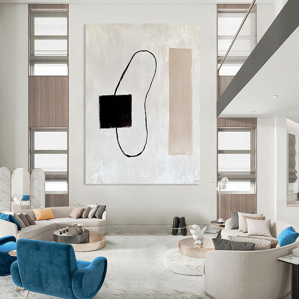 Contemporary abstract painting featuring a dark brown electrical wire on a white background with minimalist lines and a beige rectangle inspired by Matisse. DLZ1316