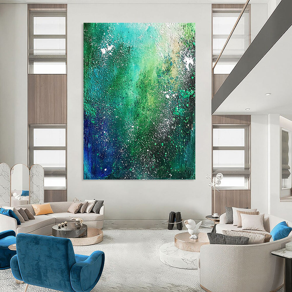 Contemporary hand-painted abstract artwork featuring emerald green and blue, depicting the Milky Way with textured white star speckles and dark teal foliage. DLZ0347