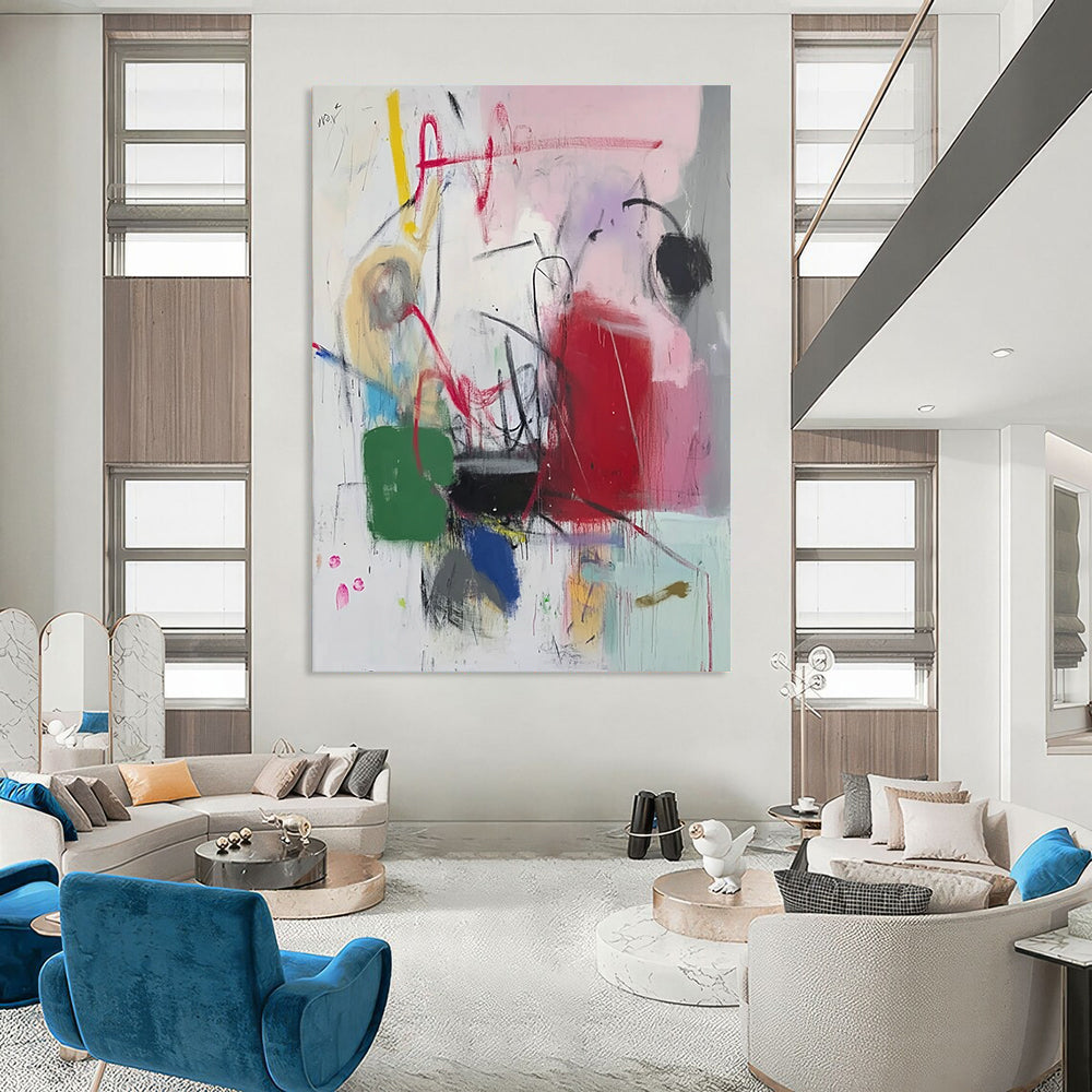 Bold contemporary abstract artwork featuring vibrant pink red green blue white black purple yellow orange hues with expressive scribbles and graffiti elements. DLZ1049