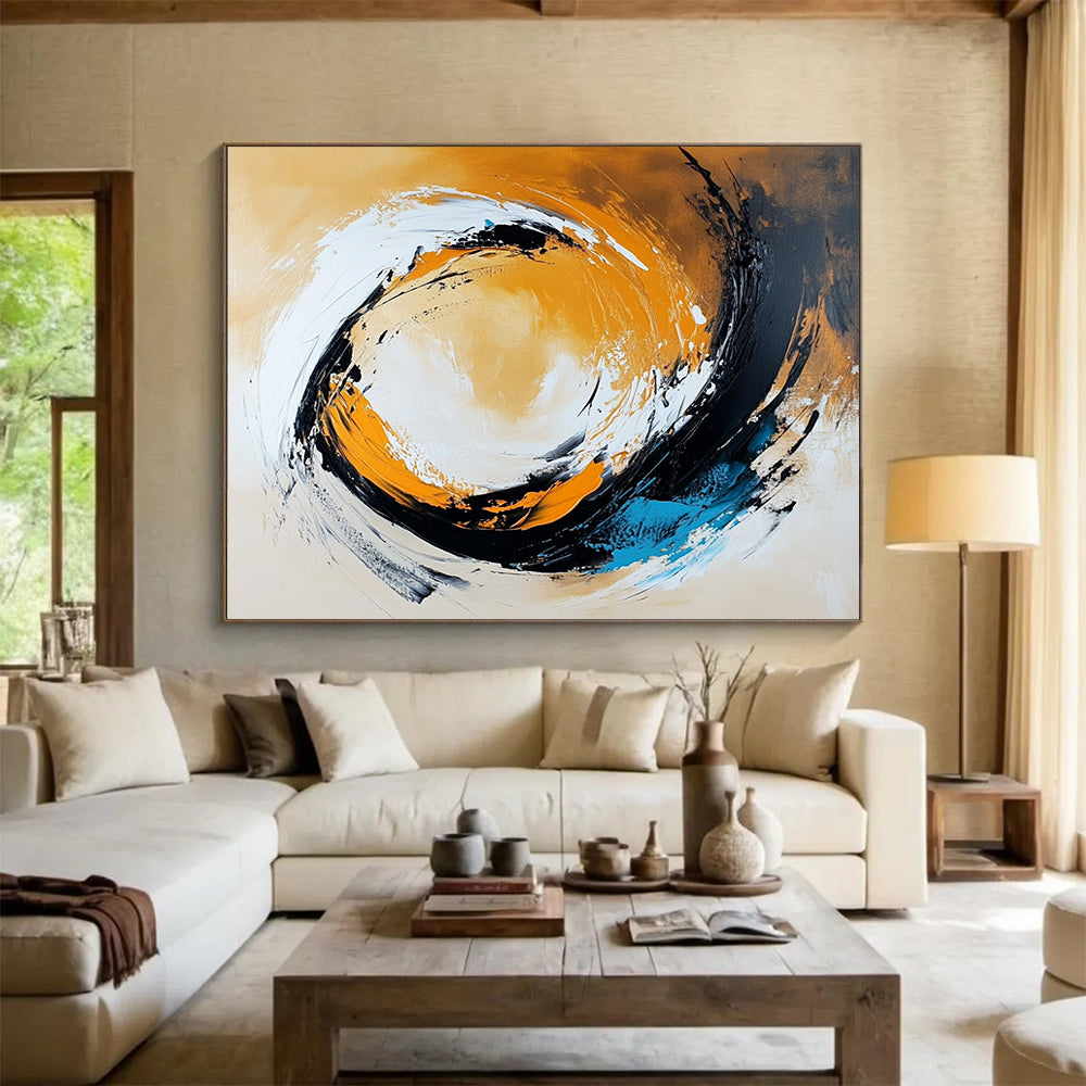 “Dynamic Swirl in Orange, Black, White, and Blue” - Orange, black, white, blue; Abstract swirling brushstrokes; Acrylic Painting On Canvas HB1232