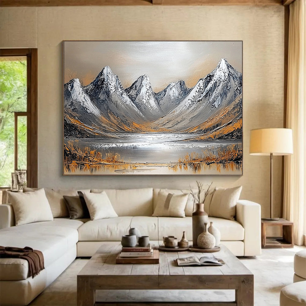 “Textured Mountain Landscape” - Gray, Brown, White, Textured Mountain Scene Painting On Canvas HB0969