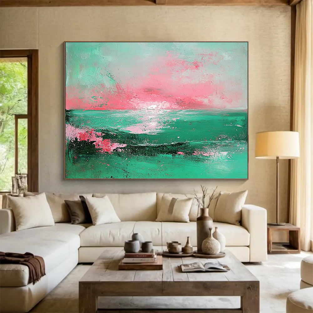 “Pastel Sea Sunset” - Mint, pink, sea scene, Abstract Landscape Painting On Canvas HB0560