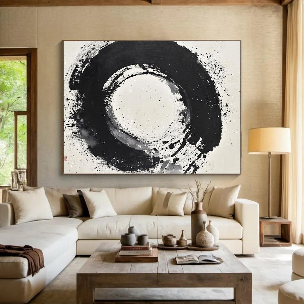 Black and White Splattered Circle "Cosmic Enso" Painting On Canvas HB280