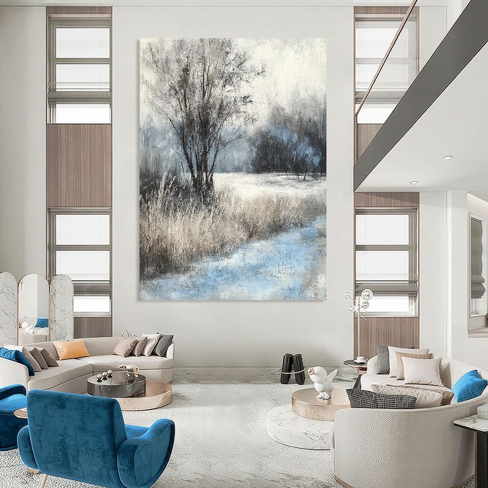 Contemporary hand-painted abstract artwork captures serene winter landscape with soft pastel colors and textured brushstrokes for a tranquil ambiance. DLZ1524