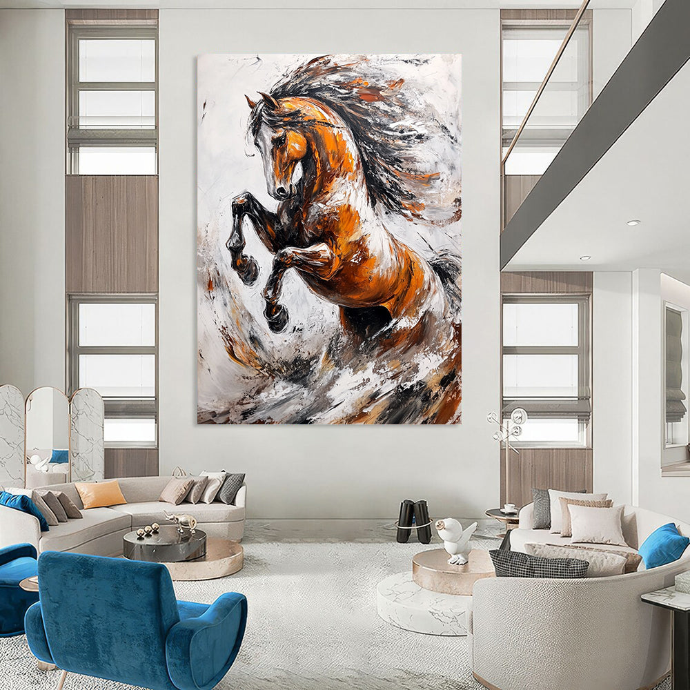 Contemporary abstract artwork featuring an elegant wild horse rearing up against splashes and waves in a dynamic light gray and brown palette. DLZ1665