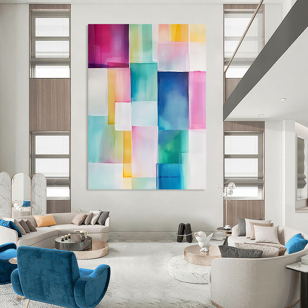 Contemporary hand-painted abstract art featuring geometric blocks of soft pink, blue, green, yellow, and white with translucent shapes and smooth edges. DLZ0911
