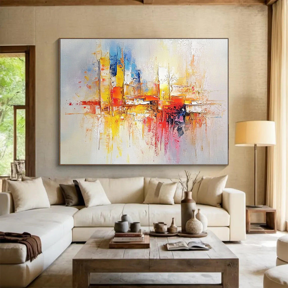 “Colorful City Reflections” - Blue, Yellow, Red, Pink, Abstract Cityscape with Reflections Painting On Canvas HB1080