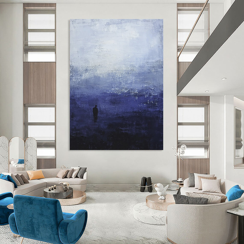 Contemporary hand-painted abstract art featuring atmospheric dark blue and grey sky tones with a solitary silhouette evoking tranquility and isolation. DLZ0513