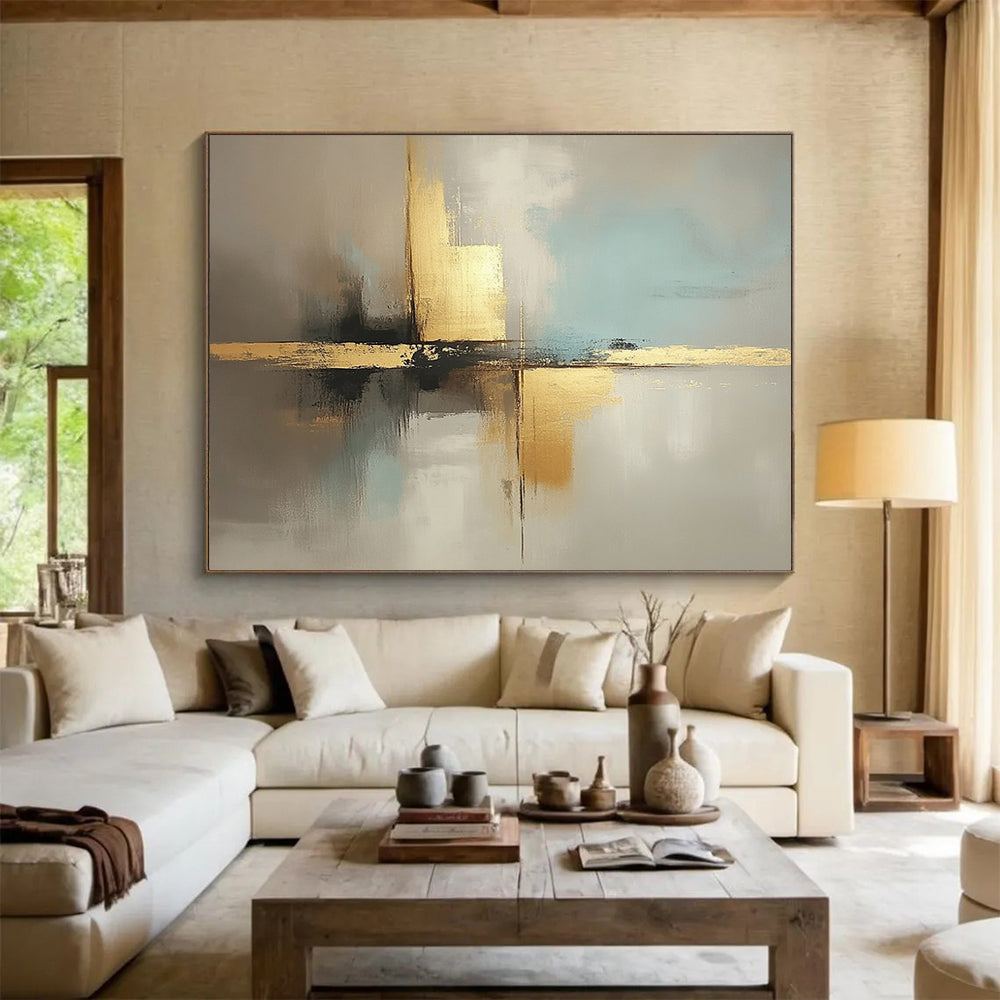“Neutral Tones with Gold Cross” - Beige, light blue, gray, gold; Abstract cross with gold in neutral tones; Acrylic Painting On Canvas HB1248