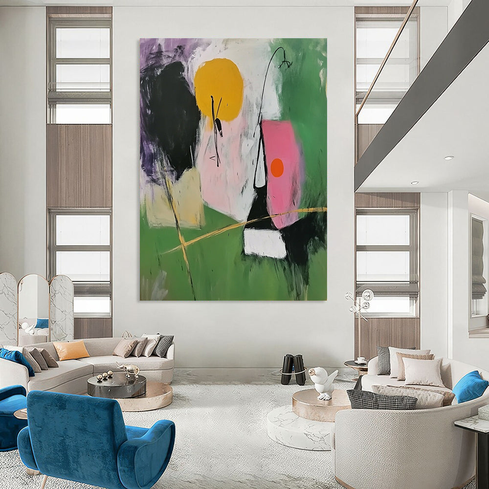 Contemporary abstract painting featuring simple shapes in green and pink with black lines and a central figure holding golden sticks. DLZ0683