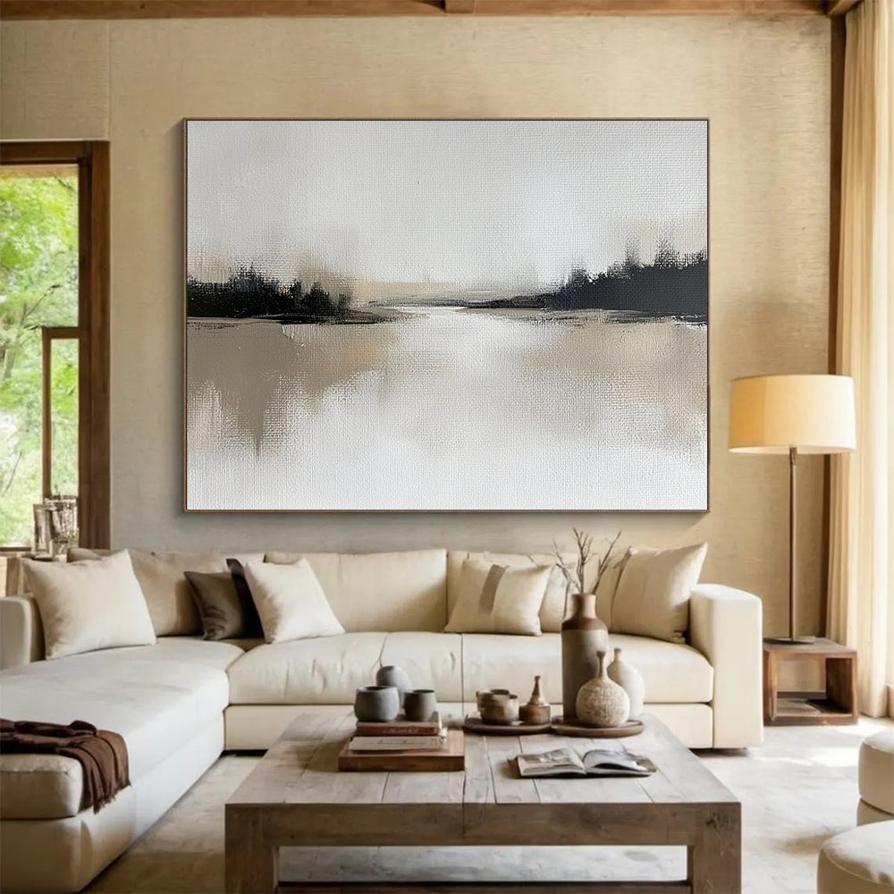 “Misty River in Monochrome” - Soft gray, deep black, beige, Minimalist Landscape Painting On Canvas HB0612